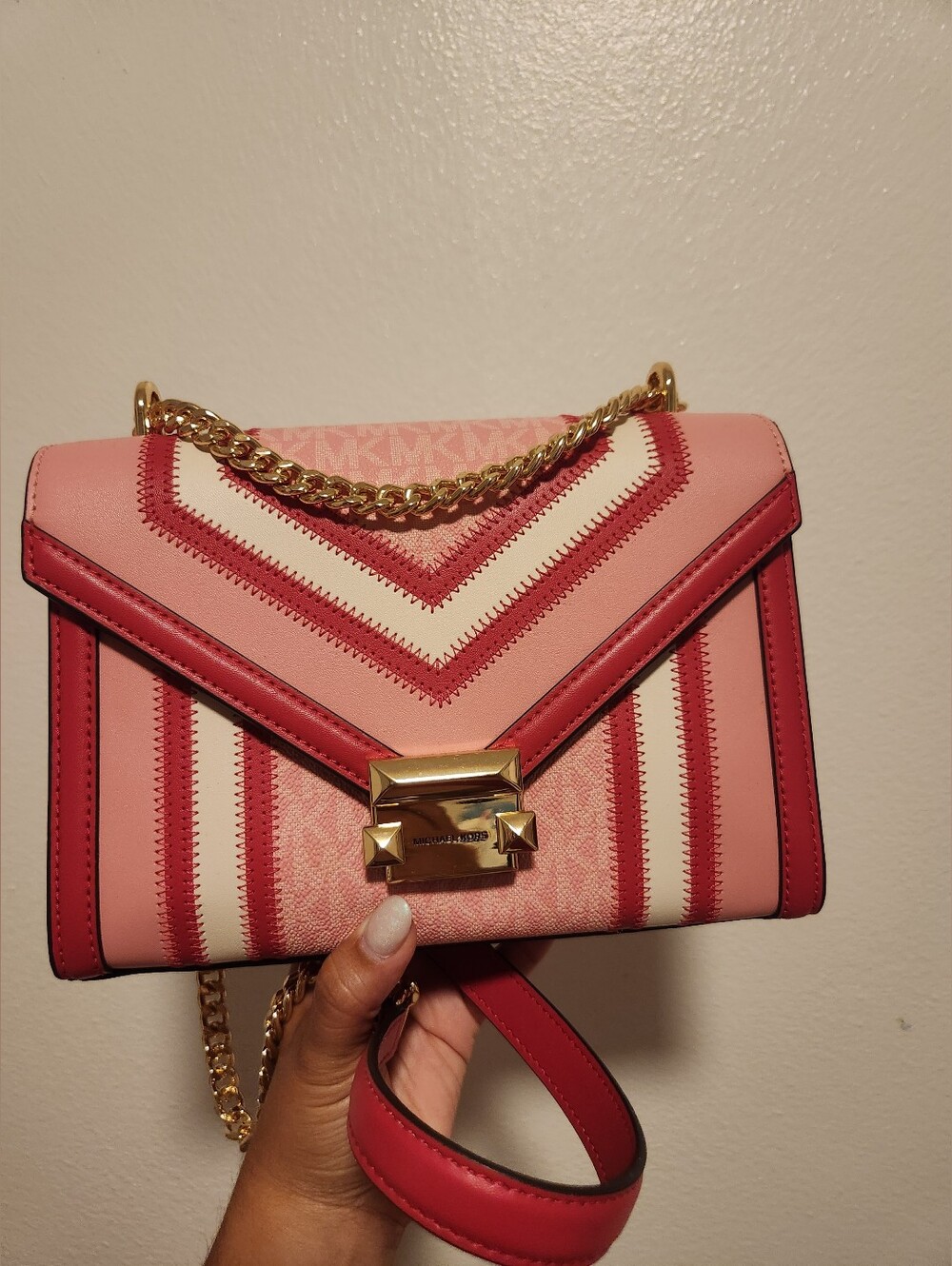Michael Kors Pink and Red Chevron Crossbody with Gold Chain - USED ONLY TWICE.